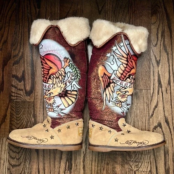 Ed Hardy Born Free Winter Boots Women's Size 5 American Eagle Fur Lined